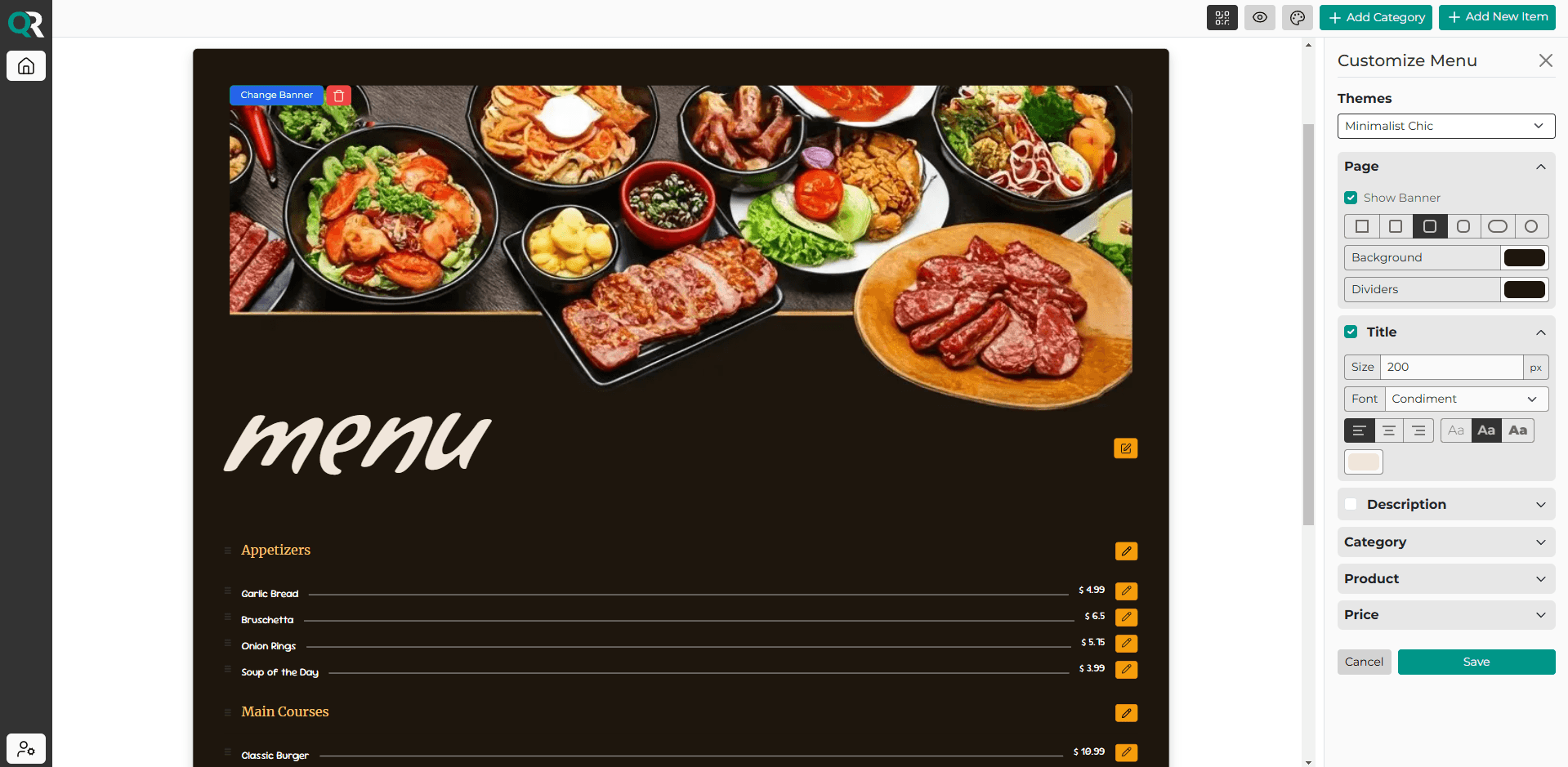 QRuisine user-friendly digital menu customization dashboard. Users can edit themes, layout, and content of their digital menus.