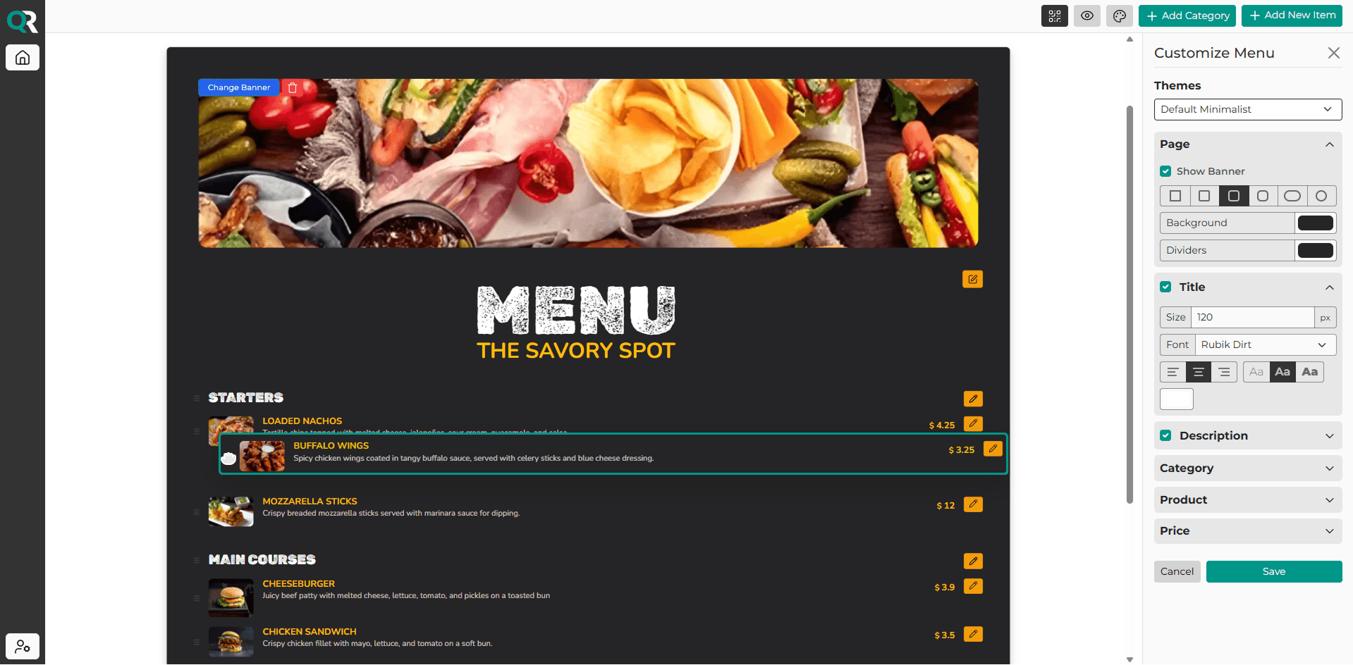 QRuisine user-friendly digital menu customization dashboard. Users can edit themes, layout, and content of their digital menus.